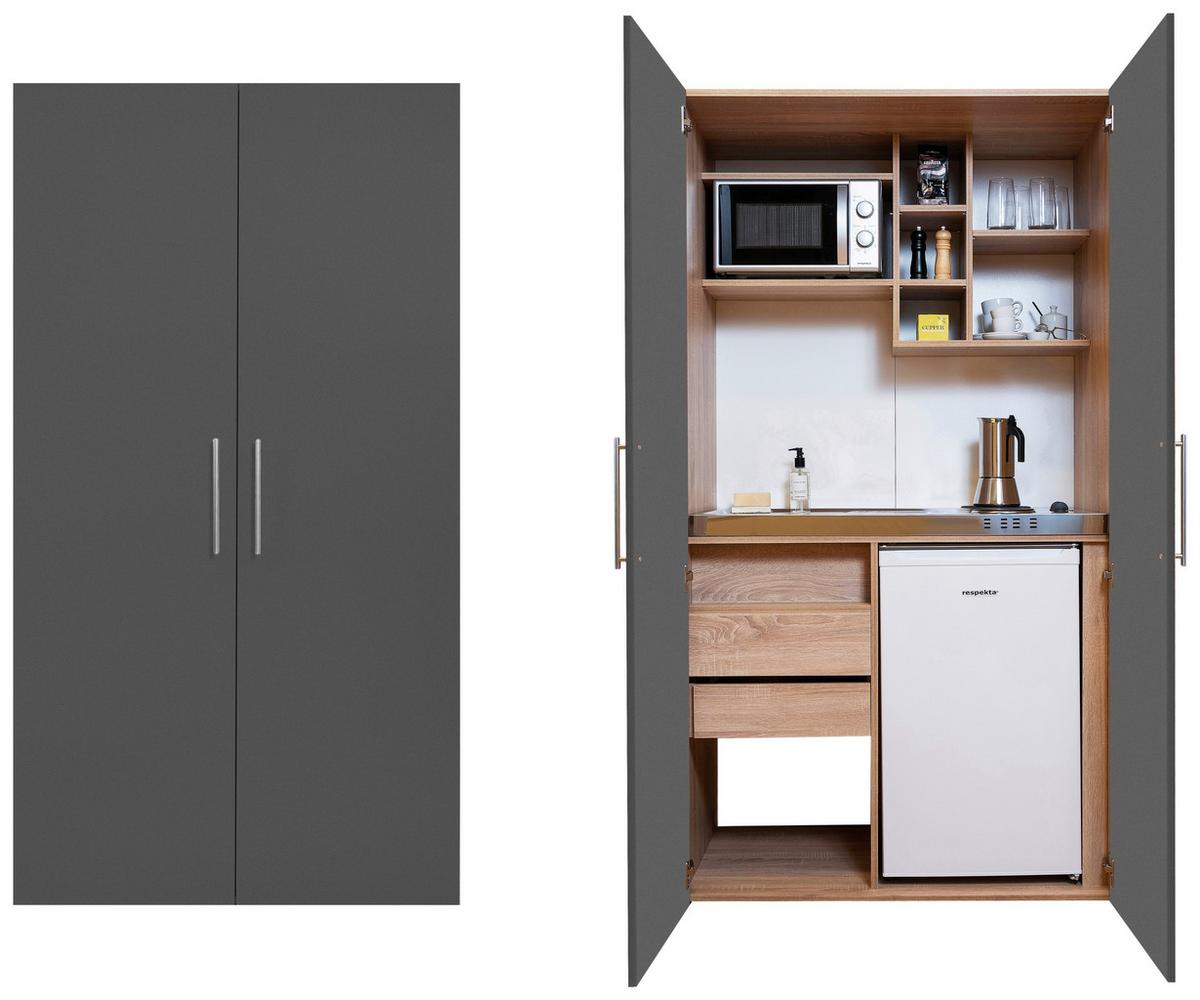 Schrankküche mit Kühlschrank + Kochfeld 104 cm Grau - Edelstahlfarben/Eichefarben, KONVENTIONELL, Holzwerkstoff/Metall (104/193/67cm) - Respekta