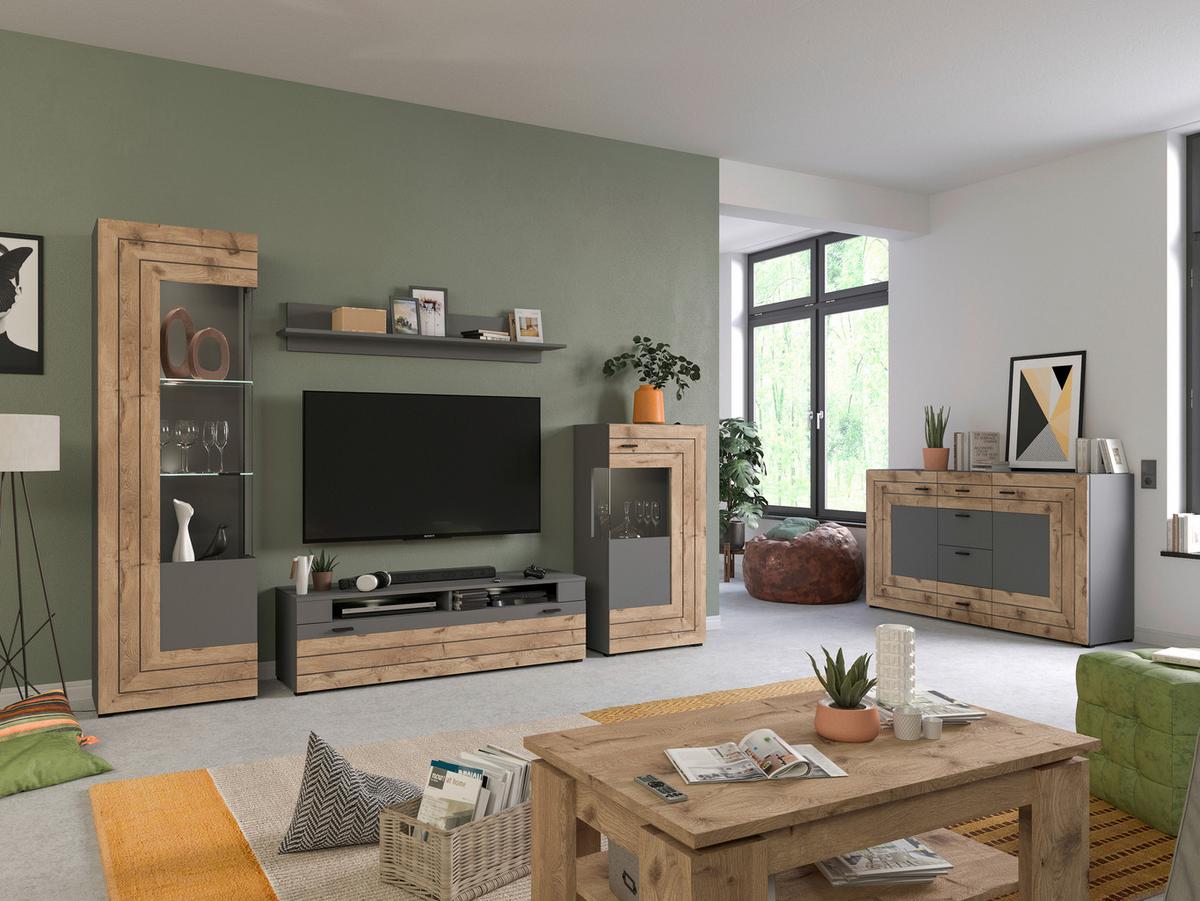 Vitrine Freno B: 60 cm Grau Nb Nox Oak Dekor - KONVENTIONELL, Glas/Holzwerkstoff (60/194/37cm) - MID.YOU
