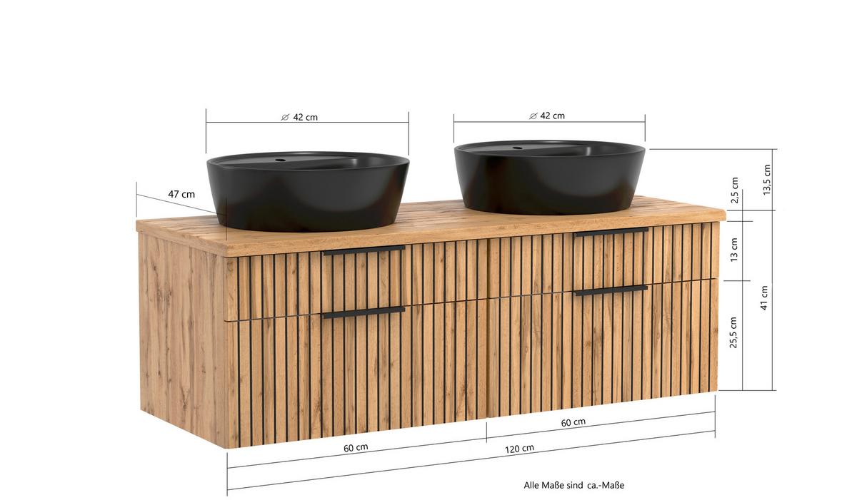 Waschbecken Mit Unterschrank Chester B: 120 Cm - Eiche Wotan/Schwarz, MODERN, Holzwerkstoff/Stein (120cm) - Held