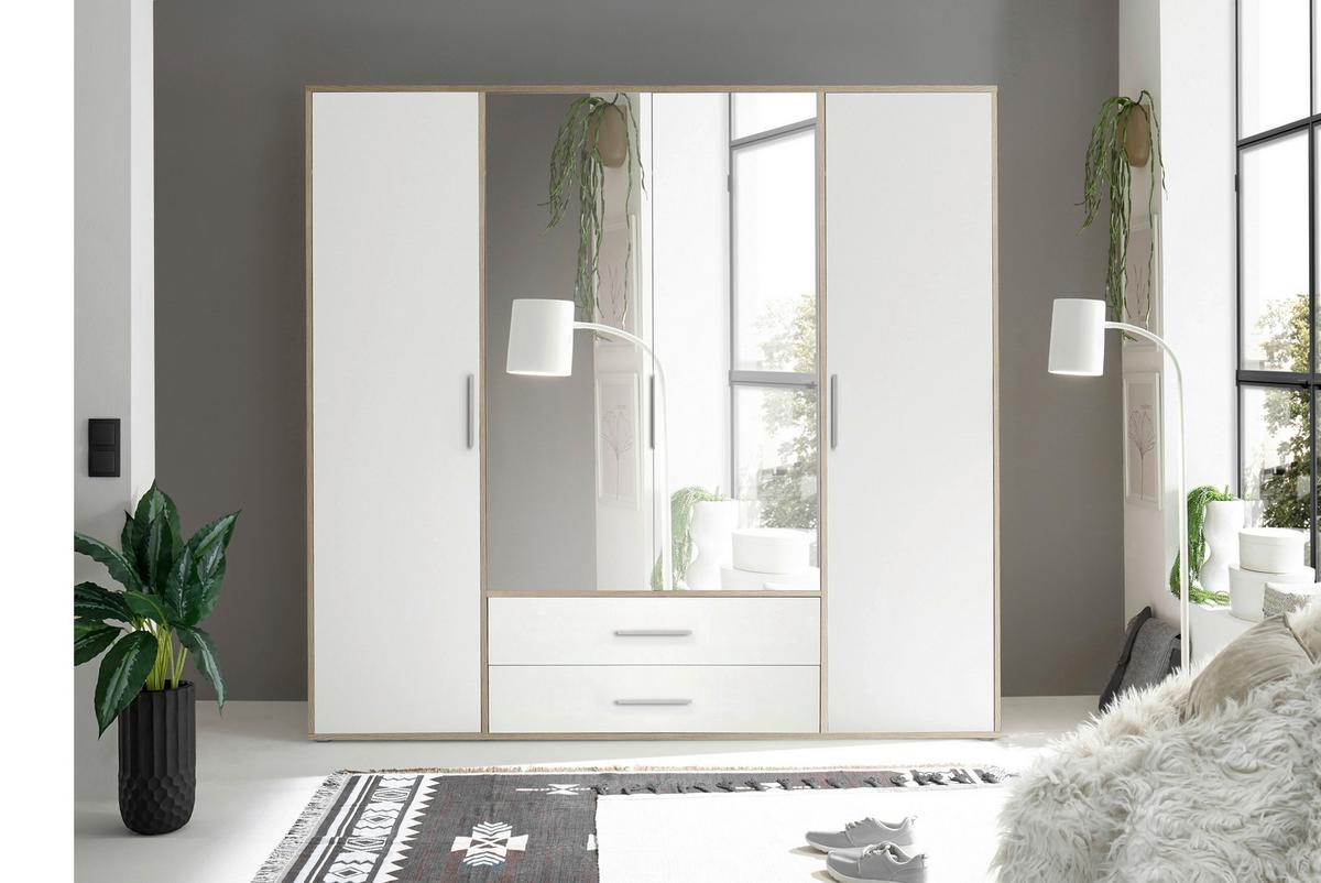 Kleiderschrank Mit Spiegel 4trg Lembo San Remo/weiß B: 206 Cm - Alufarben/Weiß, KONVENTIONELL, Glas/Holzwerkstoff (206/195/60cm)