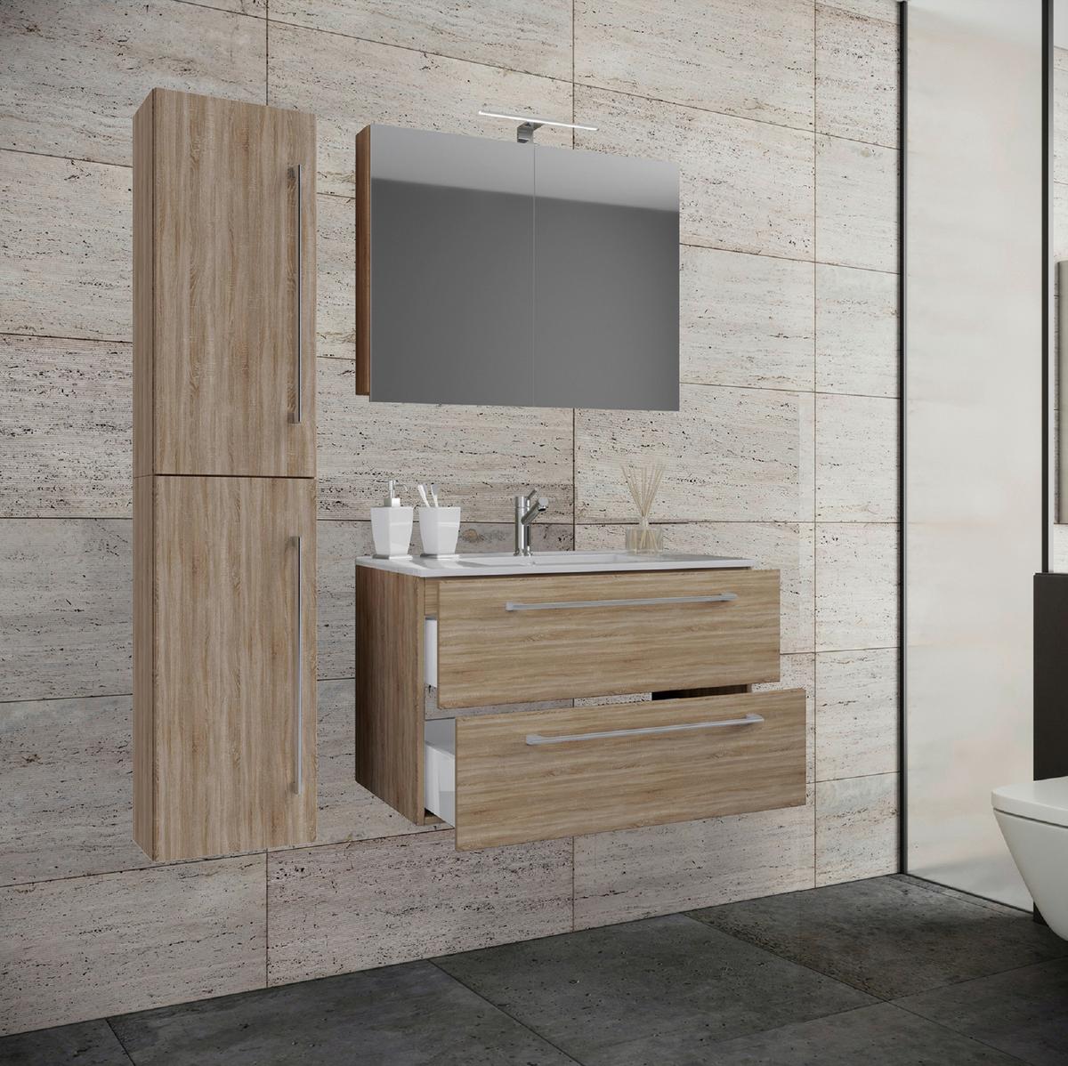 Badezimmer Badinos 4-Teilig Sonoma Eiche B: 61 cm - Weiß/Sonoma Eiche, MODERN, Keramik/Holzwerkstoff (93cm) - MID.YOU