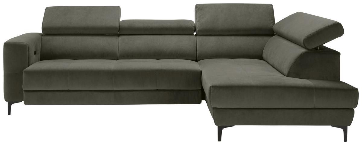 Rohová sedačka EMMA, pravá, šedozelená,op.hl.,USB,el.výsuv - černá/šedozelená, Moderní, textil (301/210cm) - Premium Living