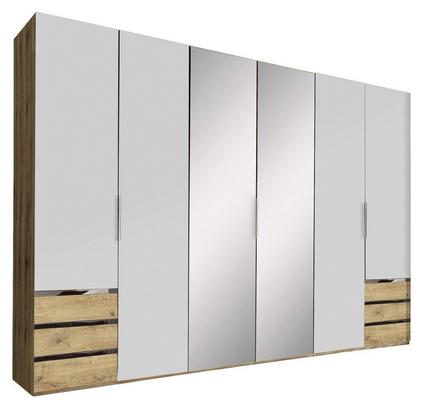 Sechstüriger Schrank in Weiß und Eiche Dekor mit Schubladen und Spiegel Sechstüriger Schrank in Weiß und Eiche Dekor mit Schubladen und Spiegel