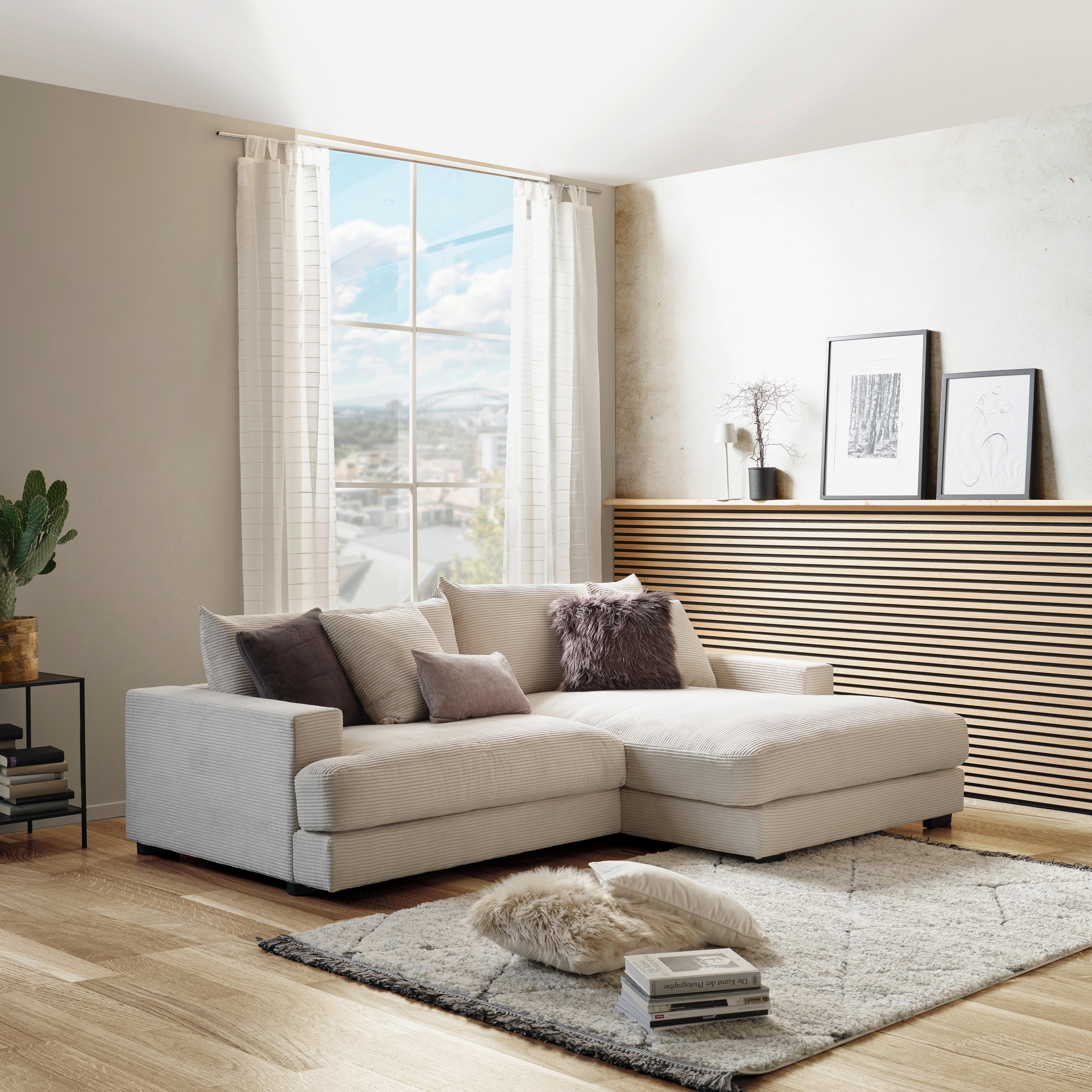 Ecksofa Pelle mit Kissen Beige Cord 265x180 cm - Beige/Schwarz, MODERN, Textil (265/180cm)