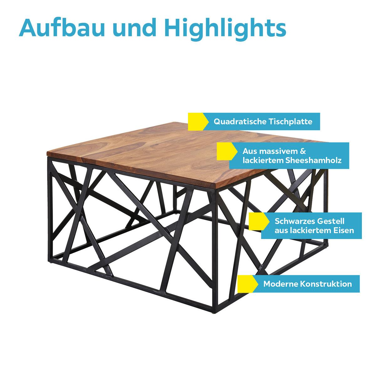 Couchtisch Mit Holzplatte Bekal, Sheesham/schwarz - Sheeshamfarben/Schwarz, Design, Holz/Metall (60/60/35cm) - MID.YOU
