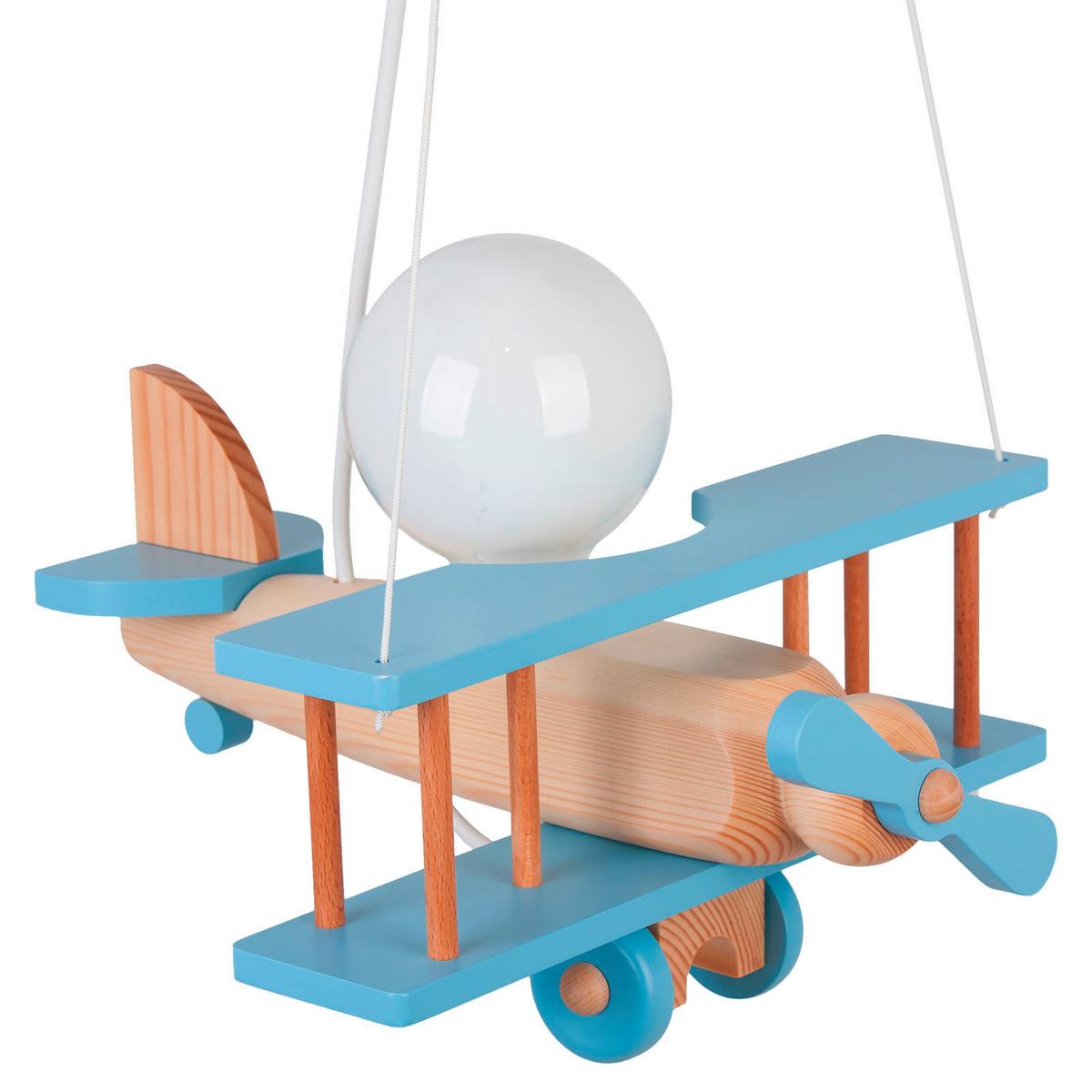 Kinderhängeleuchte Flugzeug H: 75 cm 1-Flammig - Blau/Naturfarben, KONVENTIONELL, Holz (29/31/75cm)