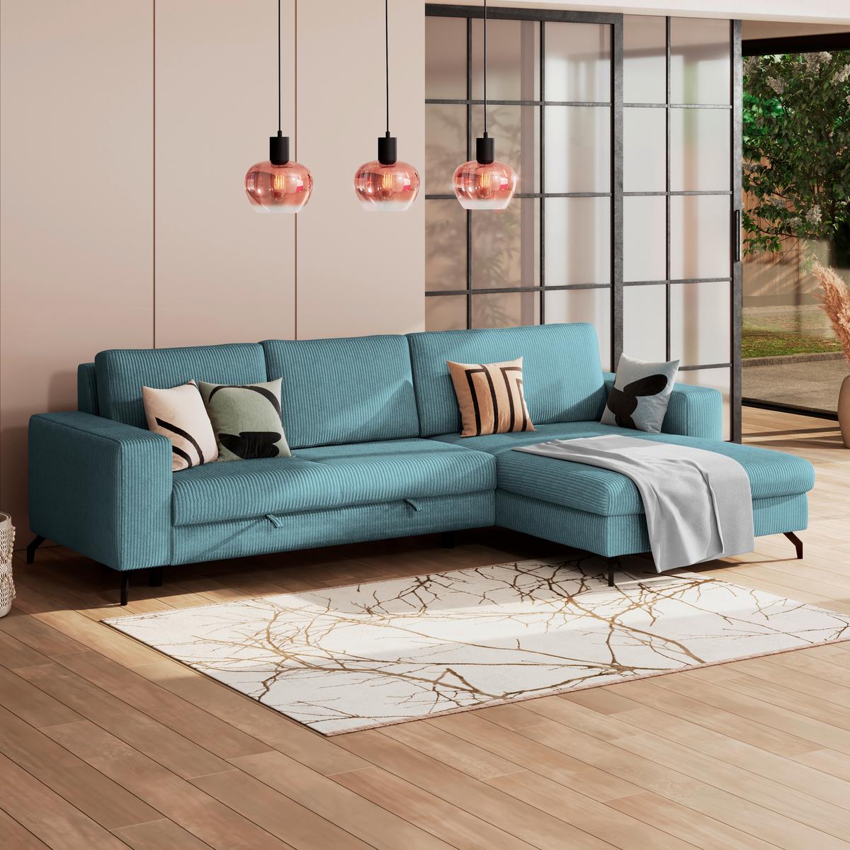 Ecksofa mit Schlaffunktion & Bettkasten Cloud Hellblau Cord - Hellblau, Trend, Textil (290/178cm)