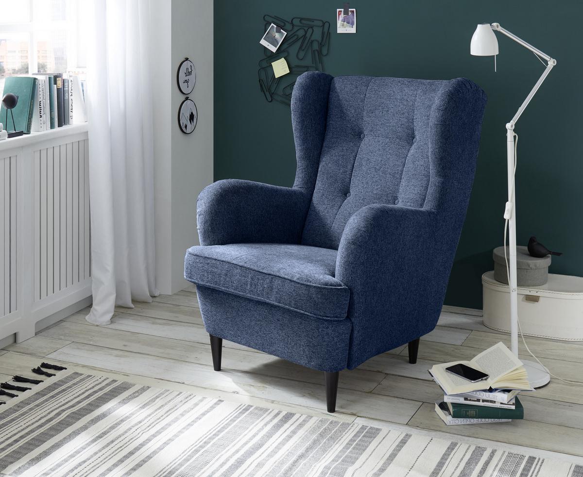 Ohrensessel Oskar Webstoff Dunkelblau - Schwarz/Dunkelblau, Basics, Holzwerkstoff/Textil (78/102/98cm) - MID.YOU