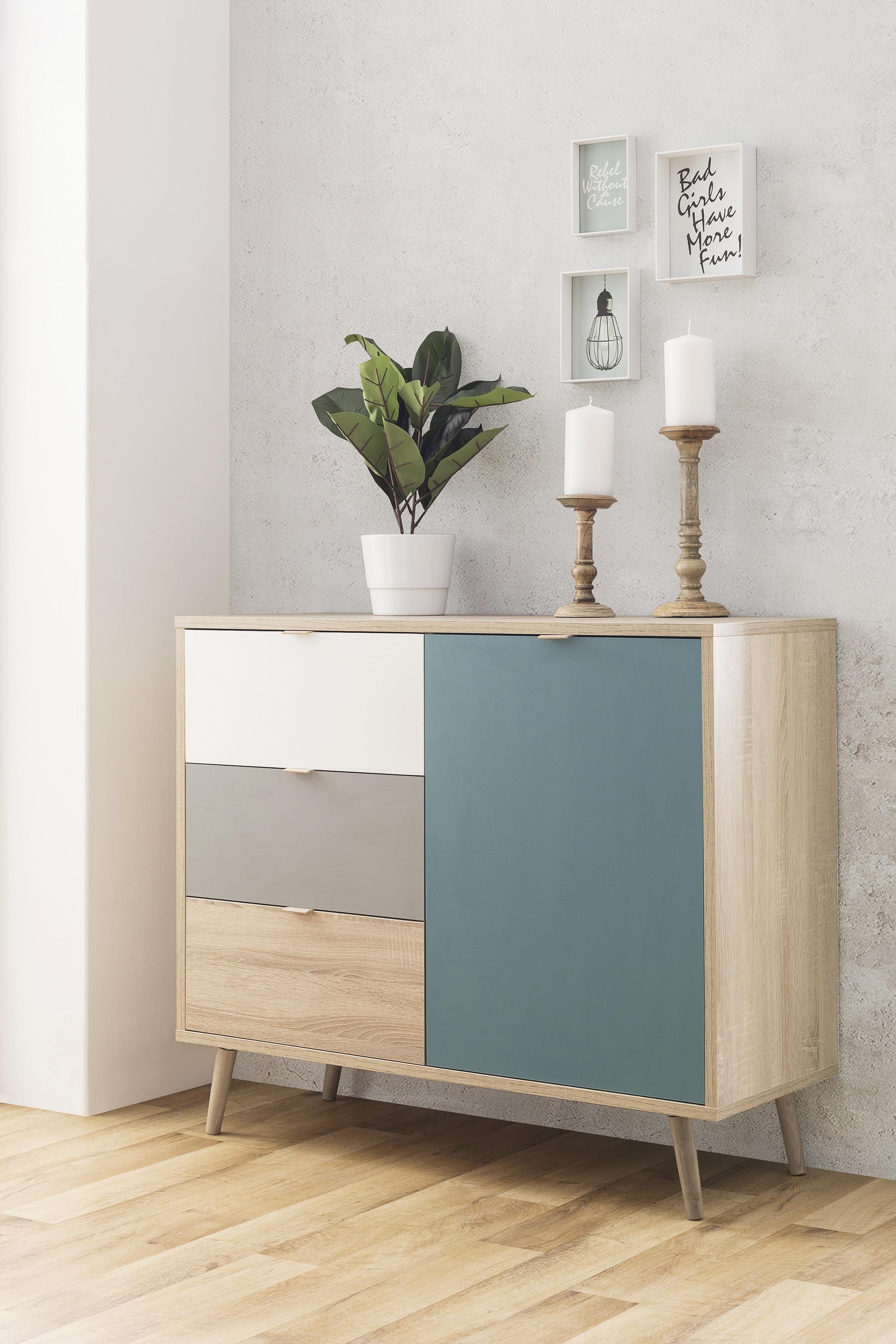 Kommode B 103cm Cuba 1-Trend, Eiche Dekor/Grau, Weiß, Petrol - Eichefarben/Petrol, Trend, Holzwerkstoff (103/87/40cm) - MID.YOU