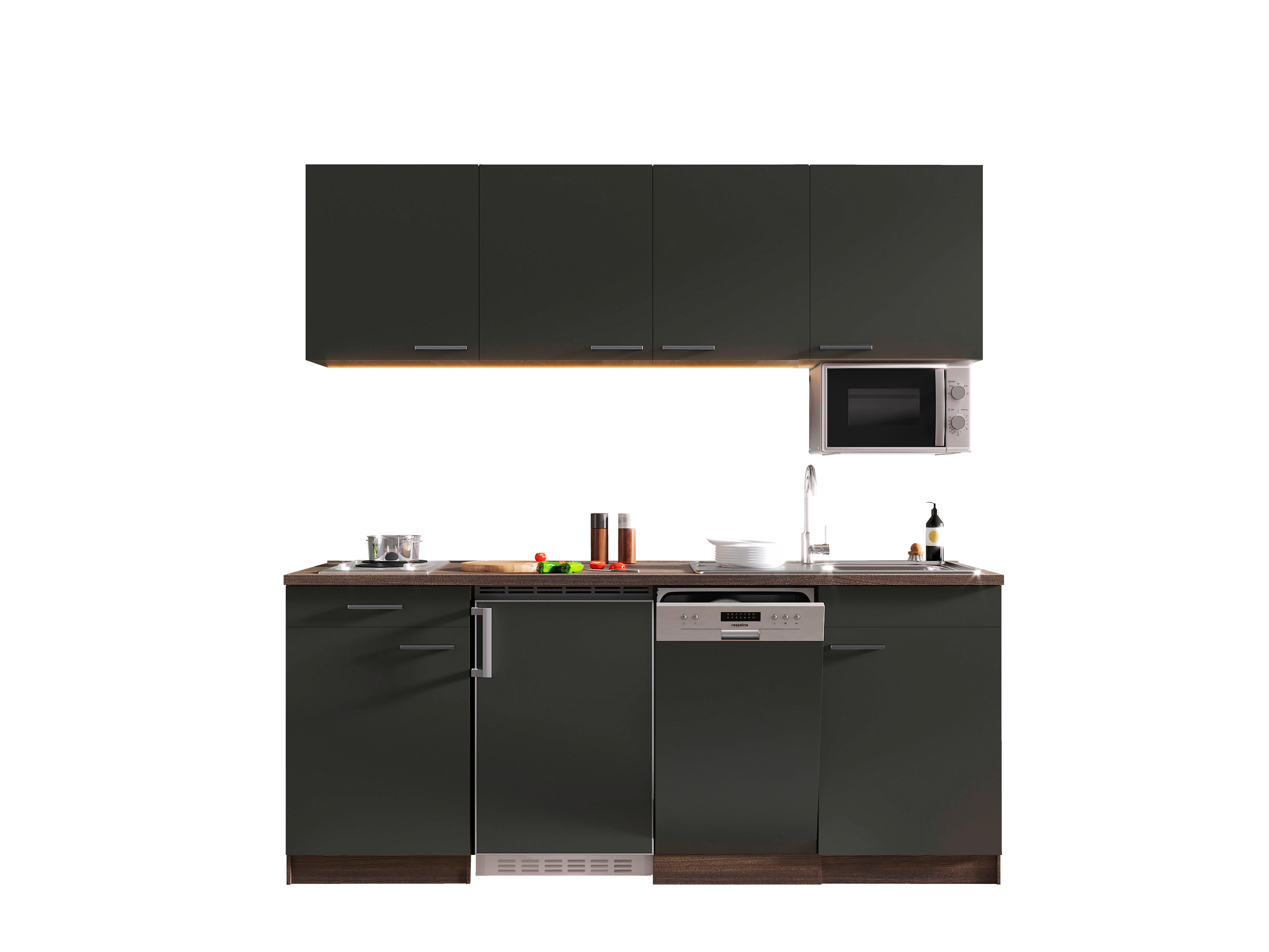 Küchenzeile Economy mit Geräten 195 cm Grau/Eichefarben - Eichefarben/Grau, Basics, Holzwerkstoff (195cm) - Respekta