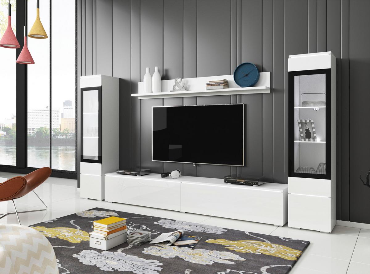 Obývacia stena s LED biela vysoký lesk - sivá/biela, Lifestyle, kompozitné drevo/plast (240/130/33cm) - P & B