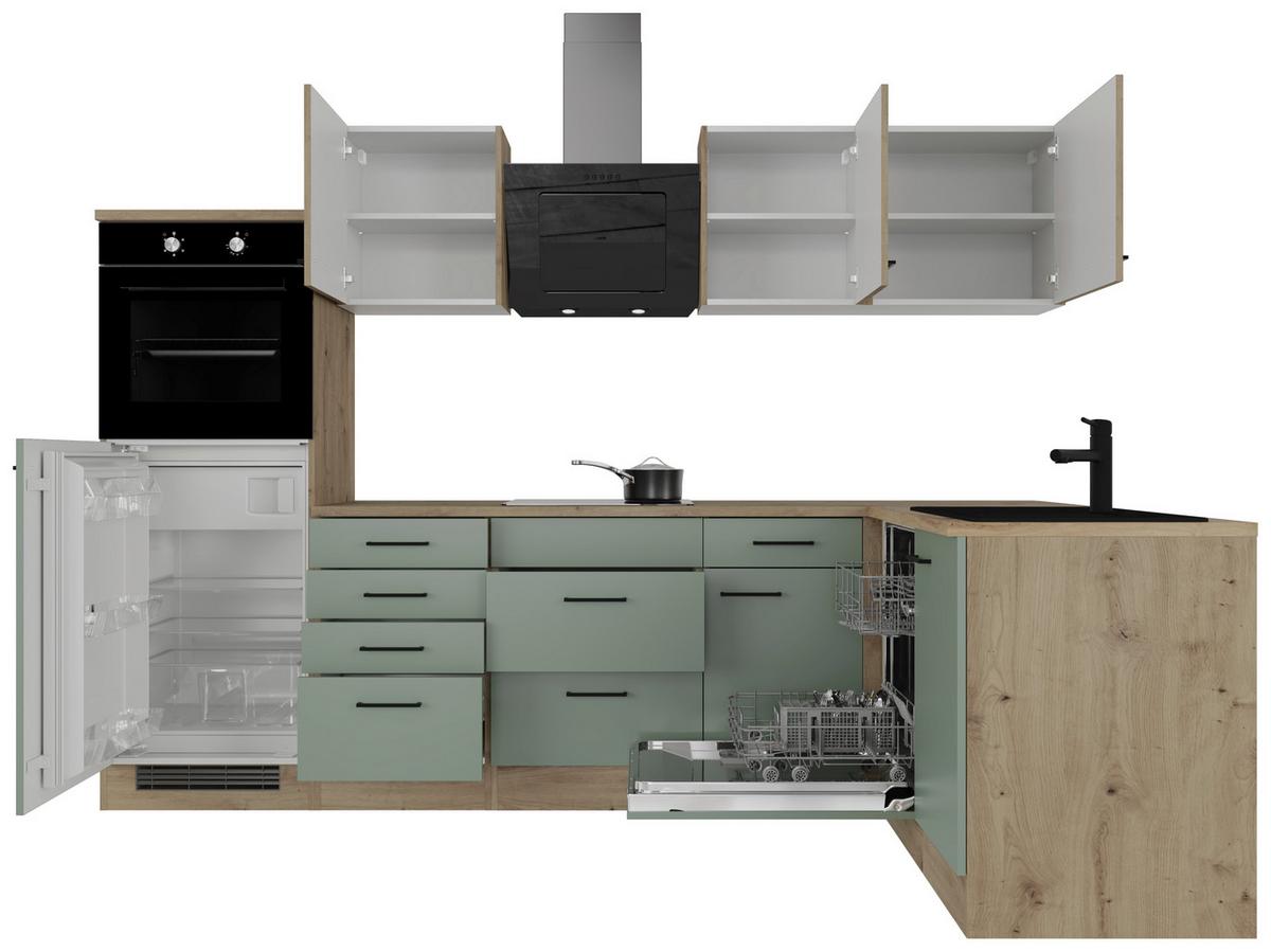 Küchenblock Cara Eiche Dekor Schilfgrün S: 280x170 Cm - Schilfgrün/Eiche Artisan, Basics, Holzwerkstoff (280cm) - FlexWell
