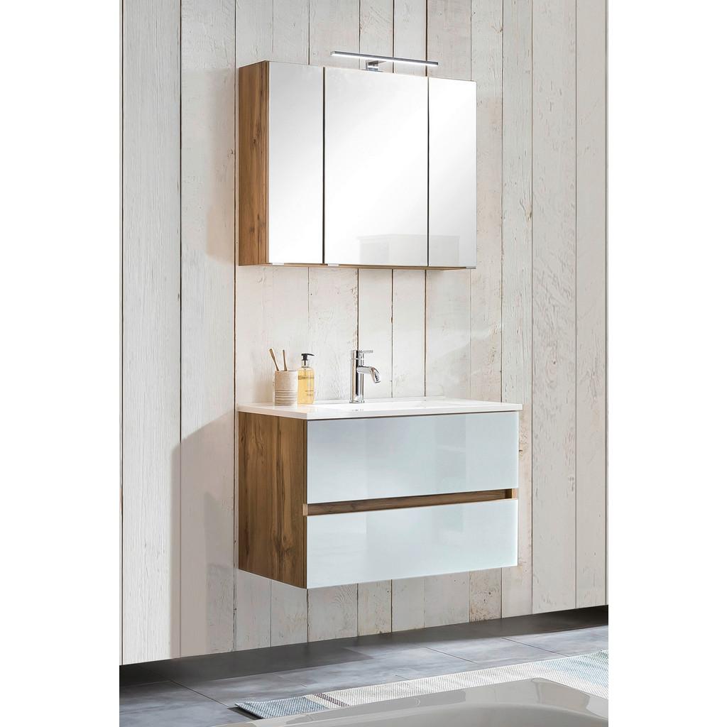 Badmöbel-Set 3--teilig. inkl. LED Helsinki 80cm, Weiß/Eiche