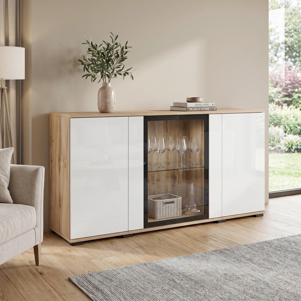 ŠIROKÁ KOMODA CARO 150 - čierna/biela s vysokým leskom, Design, kompozitné drevo/plast (150/69,7/39,5cm) - Livetastic