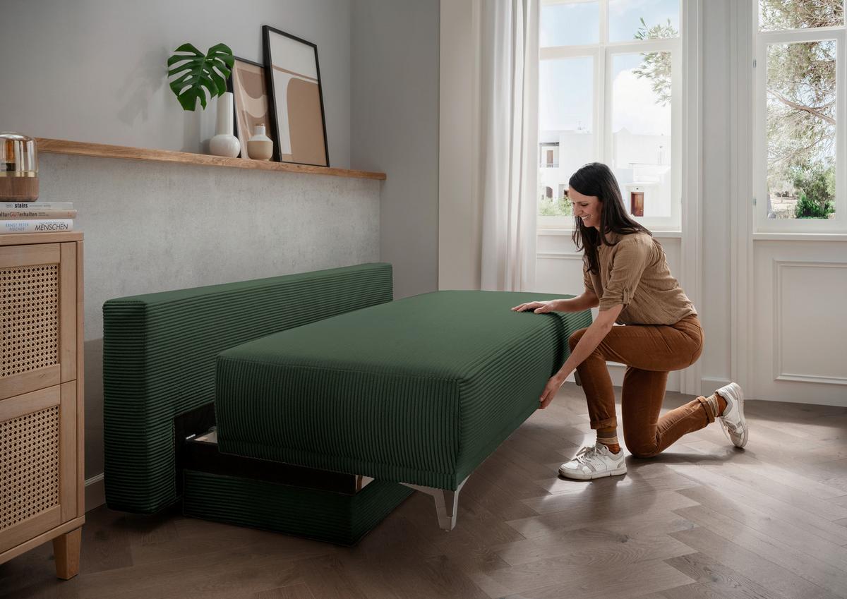 Schlafsofa Ari Grün Cord, B: 198 cm - Chromfarben/Grün, MODERN, Textil (198/90/100cm) - Livetastic