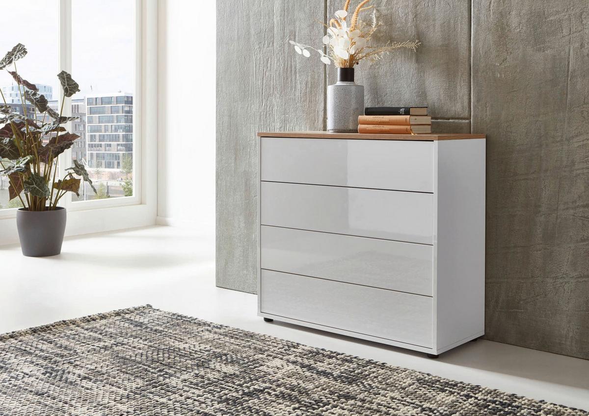 Sideboard Mailand Weiß/ Weiß Hg/eiche Dekor B: 184,5cm - Weiß Hochglanz/Schwarz, MODERN, Holzwerkstoff (184,5/73/33cm) - MID.YOU