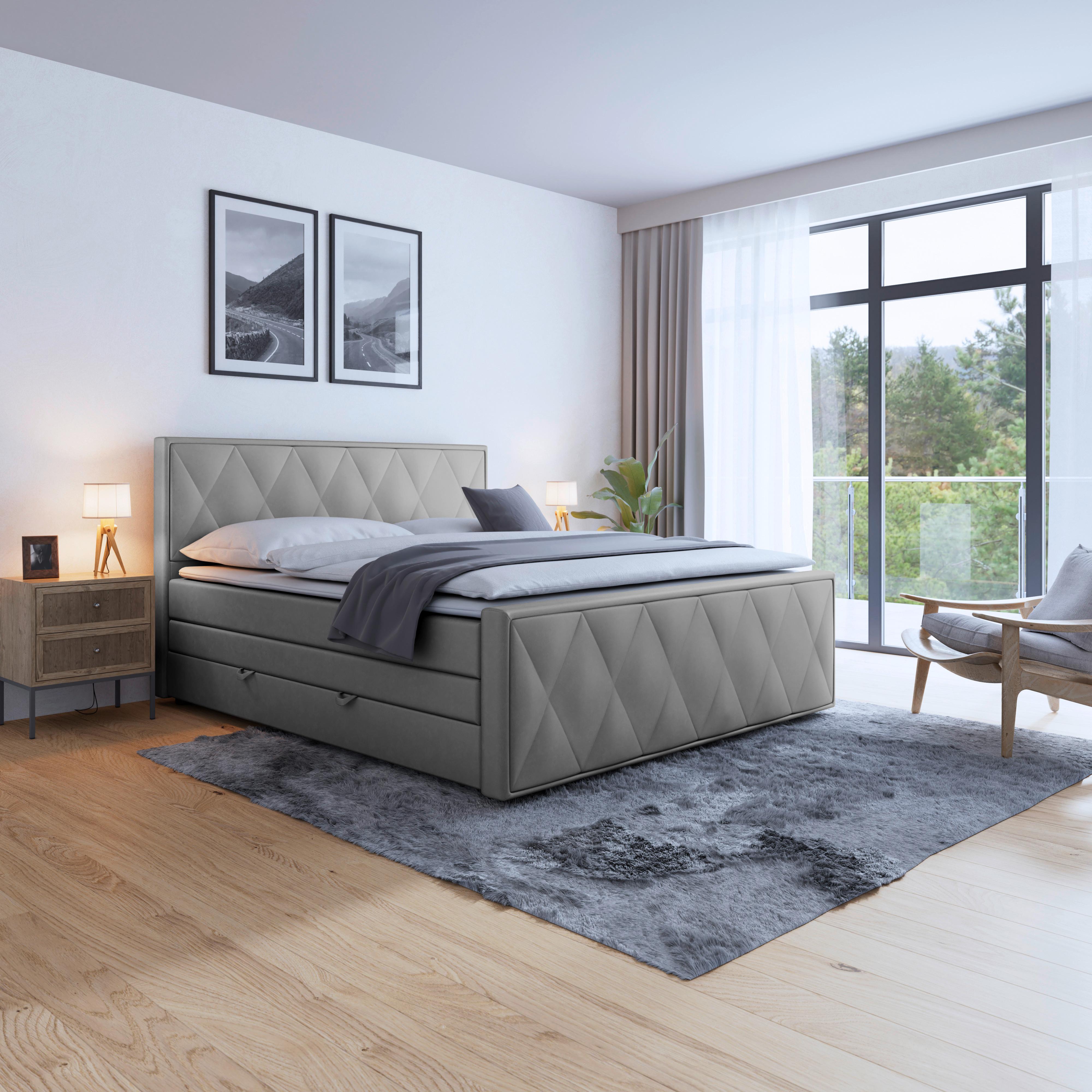 Boxspringbett Porto 180x200 Cm Hellgrau - Hellgrau/Schwarz, MODERN, Karton/Holzwerkstoff (180/200cm) - MID.YOU