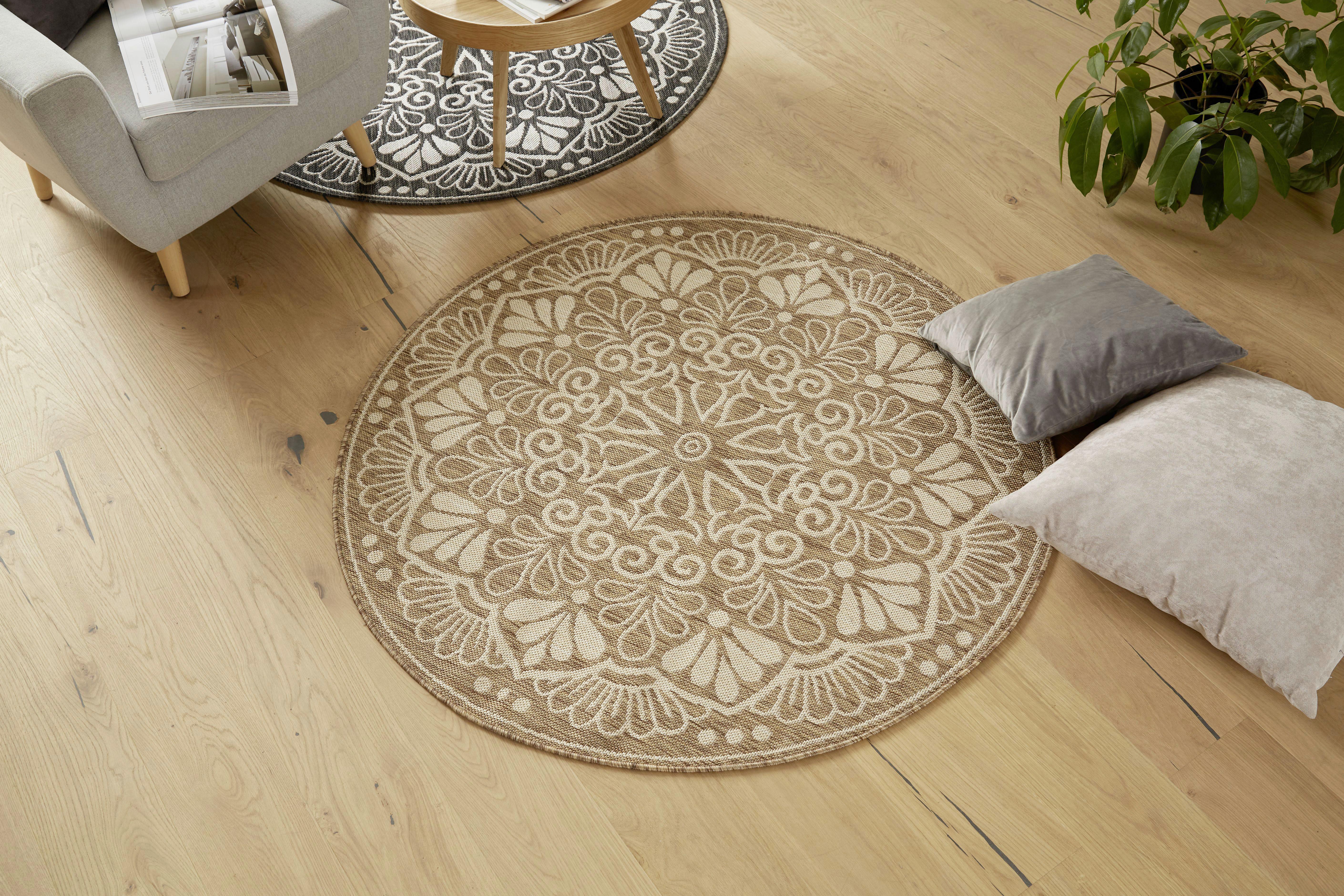 Webteppich Weiß/Beige Oumzy Rund Ø 133 cm - Beige/Weiß, Basics, Textil (133cm) - James Wood