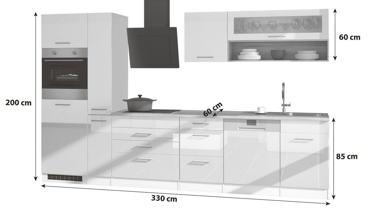 Küchenzeile Mailand m. Geräten 330 cm Weiß Hochglanz - Weiß Hochglanz/Eichefarben, MODERN, Holzwerkstoff (330cm) - Held