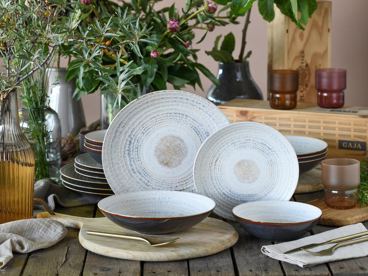 Tafelservice Neapel Offwhite Steinzeug, 4 Pers., 16-teilig - Creme/Braun, Basics, Keramik - Creatable