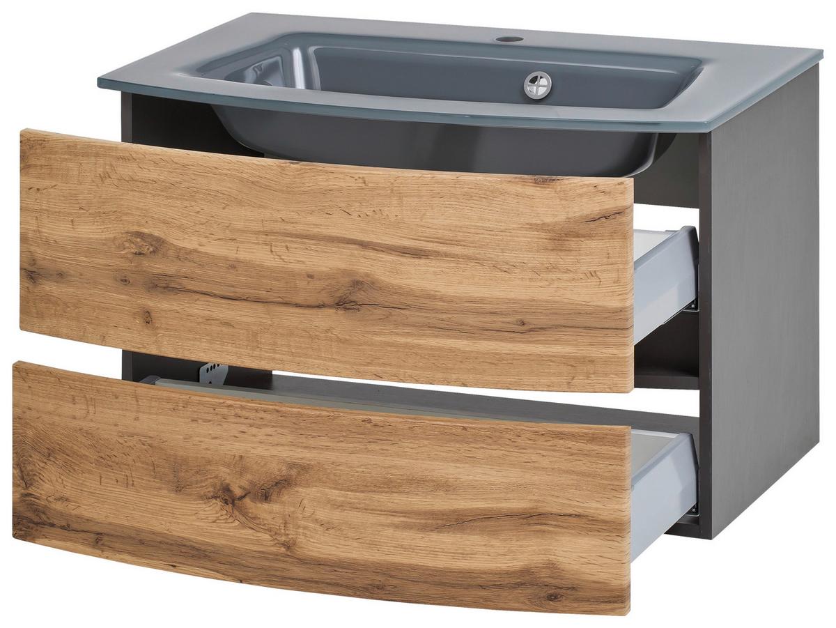 Waschbecken mit Unterschrank Kopenhagen B: 80 cm Grau/Eiche - Eichefarben/Graphitfarben, KONVENTIONELL, Glas/Holzwerkstoff (80cm) - Held