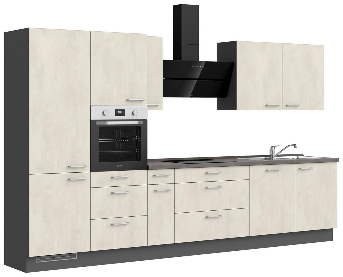 Linka bez spotrebičov a drezu Biela / bridlicový beton - biela/farba ušľachtilej ocele, Modern, kov/kompozitné drevo (360cm) - Nobilia