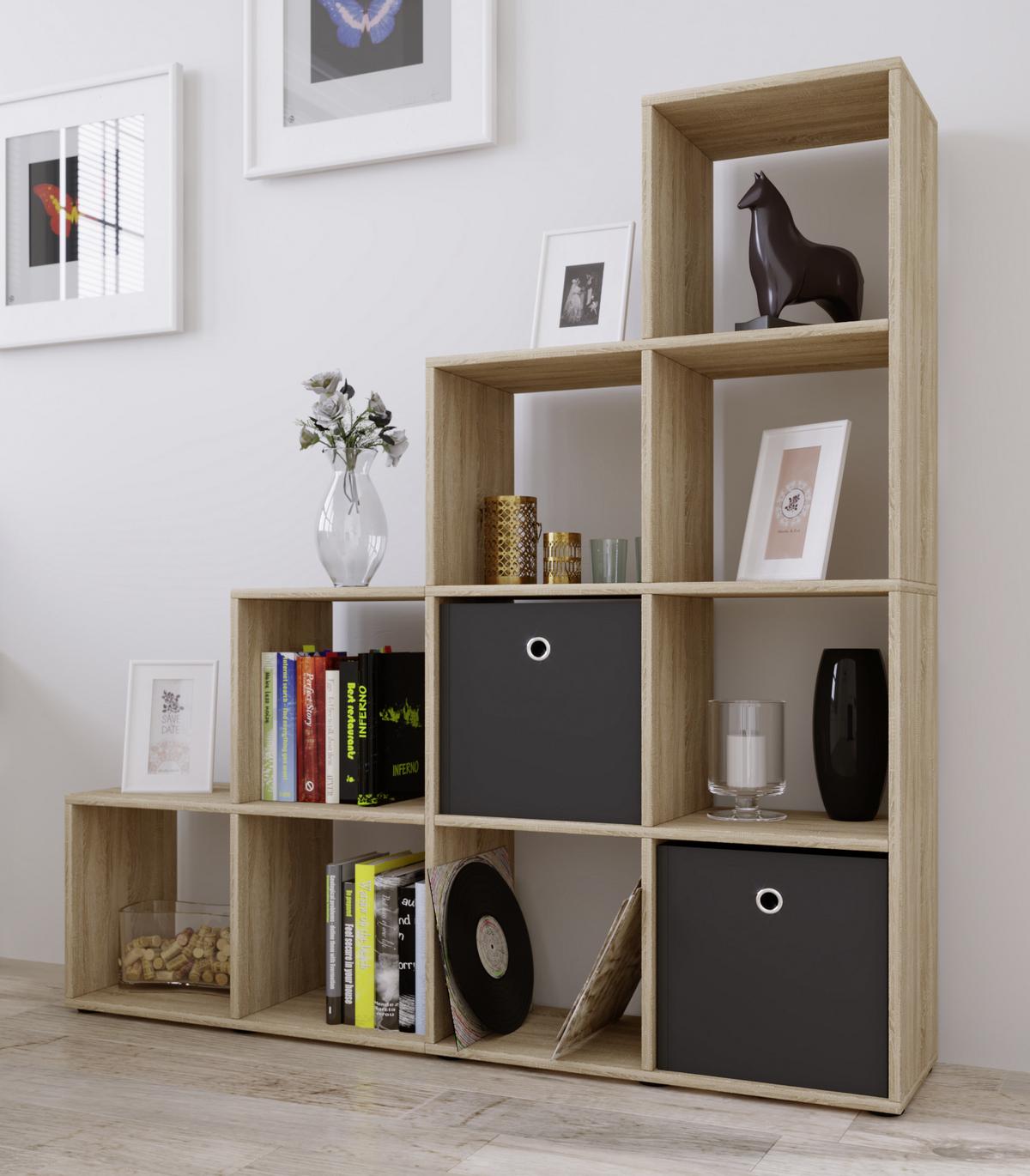 Regál na dekorácie Napoli š: 142,5 cm dub sonoma - čierna/farba duba, Konventionell, kompozitné drevo/plast (142,5/138,5/29cm) - MID.YOU