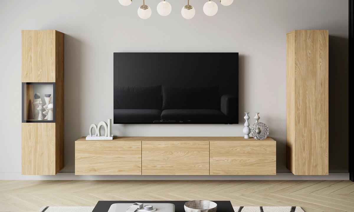 Wohnwand mit LED Berlin III Eichefarben - Eichefarben/Grau, Design, Glas/Holzwerkstoff (240/130/31cm) - P & B