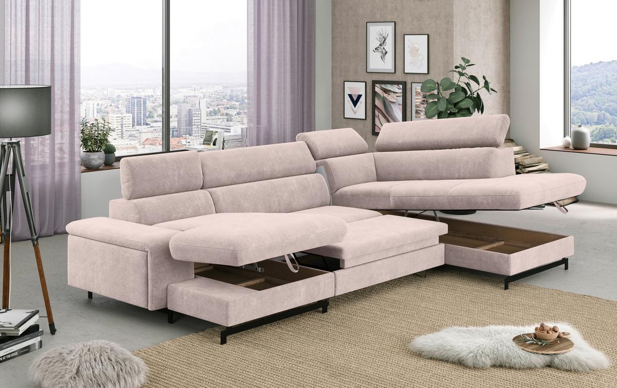 Wohnlandschaft mit Bettkasten Emma Creme - Creme/Schwarz, Textil (165/328/215cm) - MID.YOU