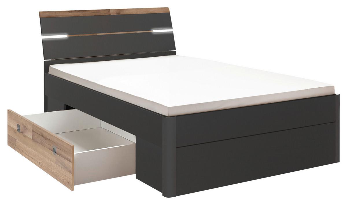 Stauraumbett Mit Beleuchtung 140x200 Cm Mars Graphit - Eichefarben/Schwarz, KONVENTIONELL, Holzwerkstoff (140/200cm) - MID.YOU