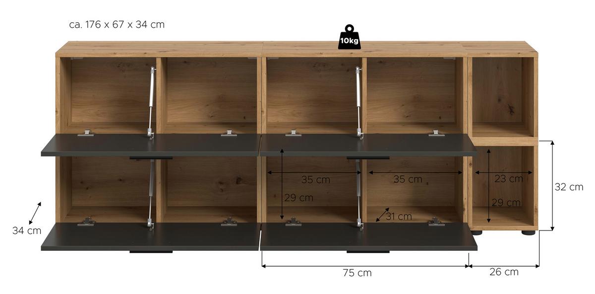 Wohnwand, The One 6, B: 176 cm Grau/Artisan Eiche Dekor - Schwarz/Eiche Artisan, Trend, Holzwerkstoff (176/67/34cm)