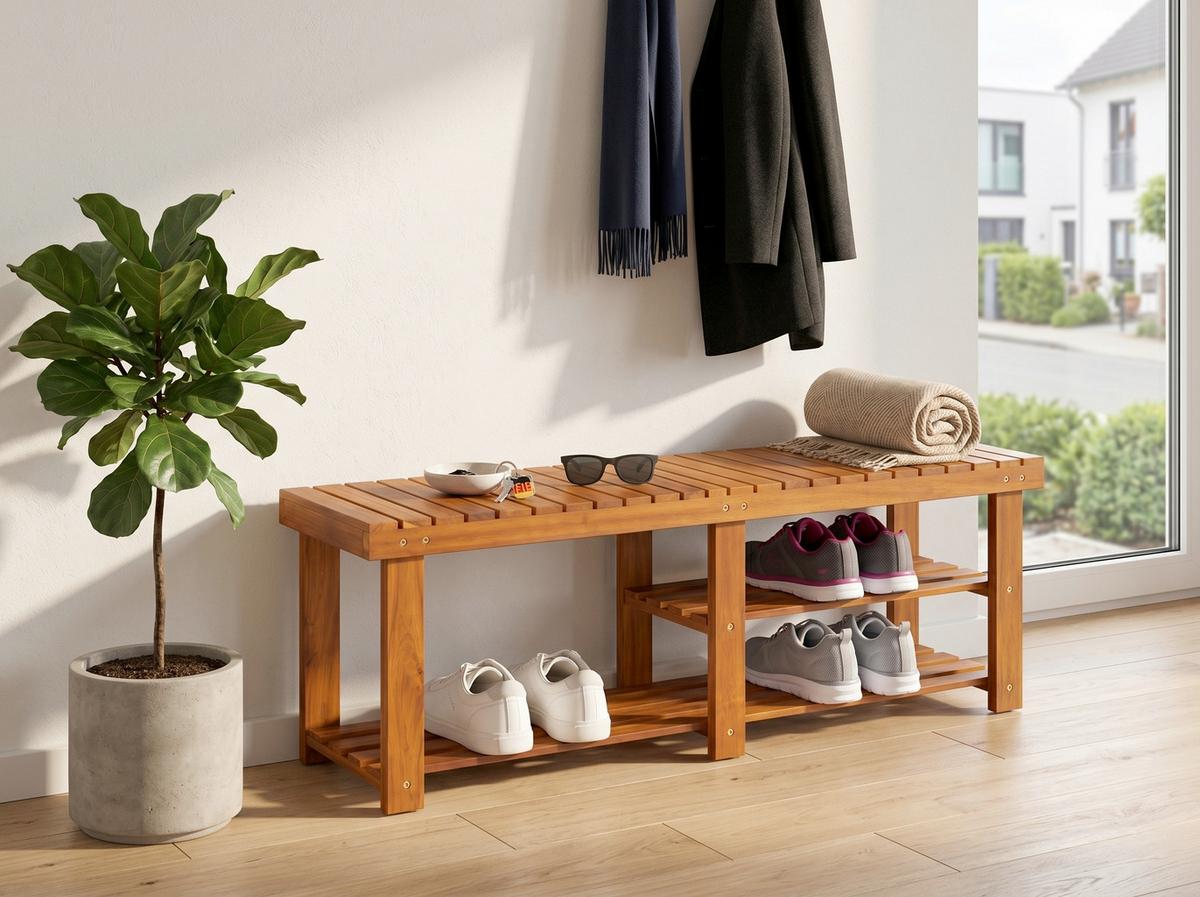 Sitzbank mit Schuhablage 2 in 1 - Akaziefarben, Basics, Holz (70/33/46cm) - Prestige Home