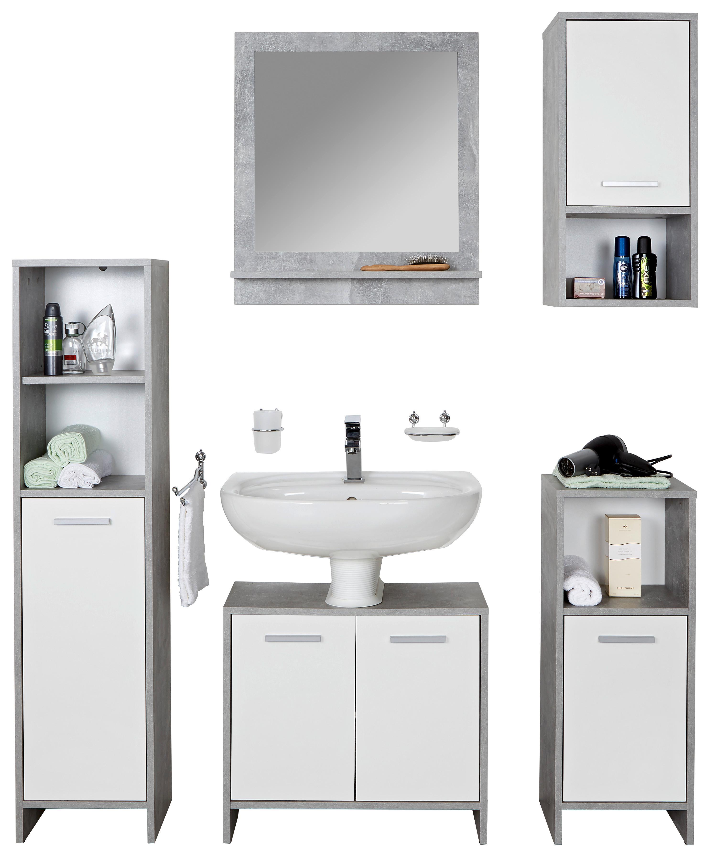 Badezimmer Attack B: 124,4 cm, Betondekor + Weiß - Hellgrau/Weiß, MODERN, Holzwerkstoff (124,4/190/28cm)