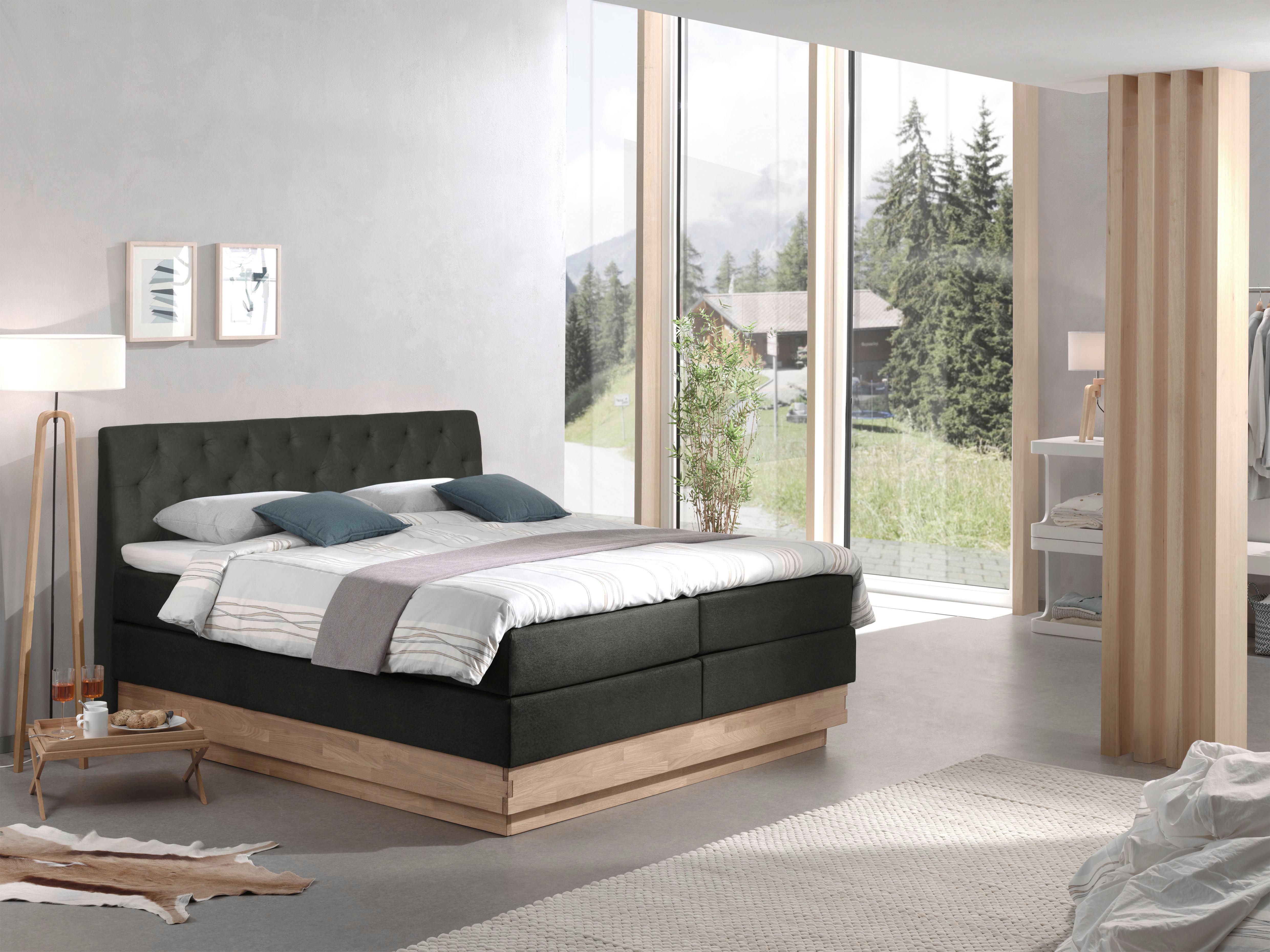 Boxspringbett mit Topper 200x200 cm Marie - Schwarz, Natur, Holz/Kunststoff (200/200cm)