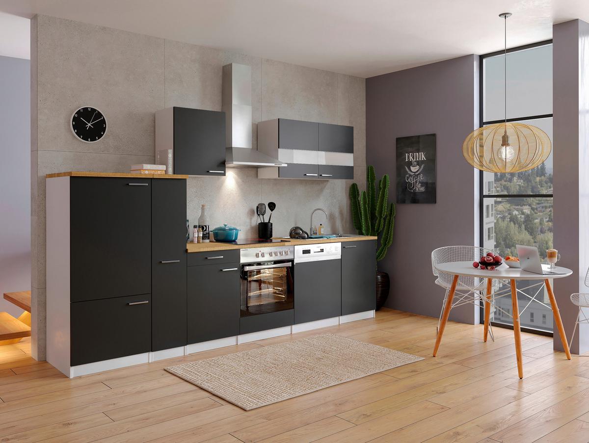 Küchenzeile ohne Geräte B: 310 cm Schwarz/Weiß/Nussbaum Dekor - Nussbaumfarben/Schwarz, Basics, Holzwerkstoff (310cm) - Respekta
