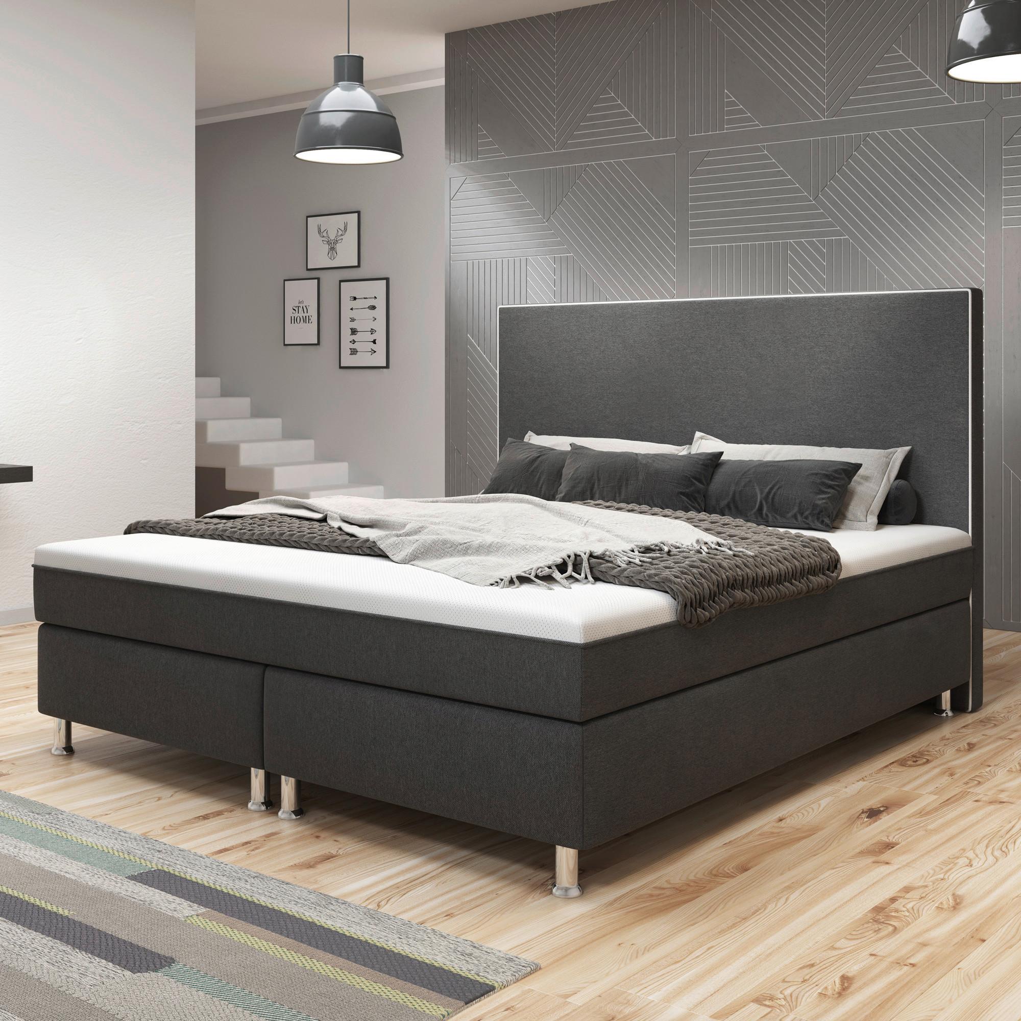 Boxspringbett mit Topper 180x200 cm King De Luxe - Anthrazit/Silberfarben, KONVENTIONELL, Textil (180/200cm) - MID.YOU