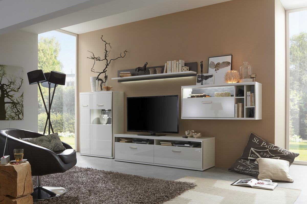 Wohnkombination 4-Tlg. Trento Grau/Silbern/Weiß - Weiß Hochglanz/Silberfarben, Design, Glas/Holzwerkstoff (381/186/52cm) - Livetastic