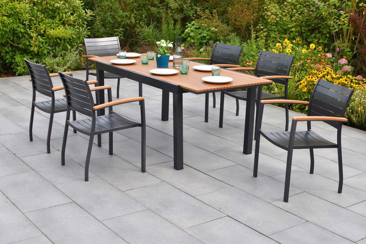 Gartentischgruppe 7-teilig. Set - Graphitfarben/Naturfarben, KONVENTIONELL, Kunststoff/Metall - Gardenson