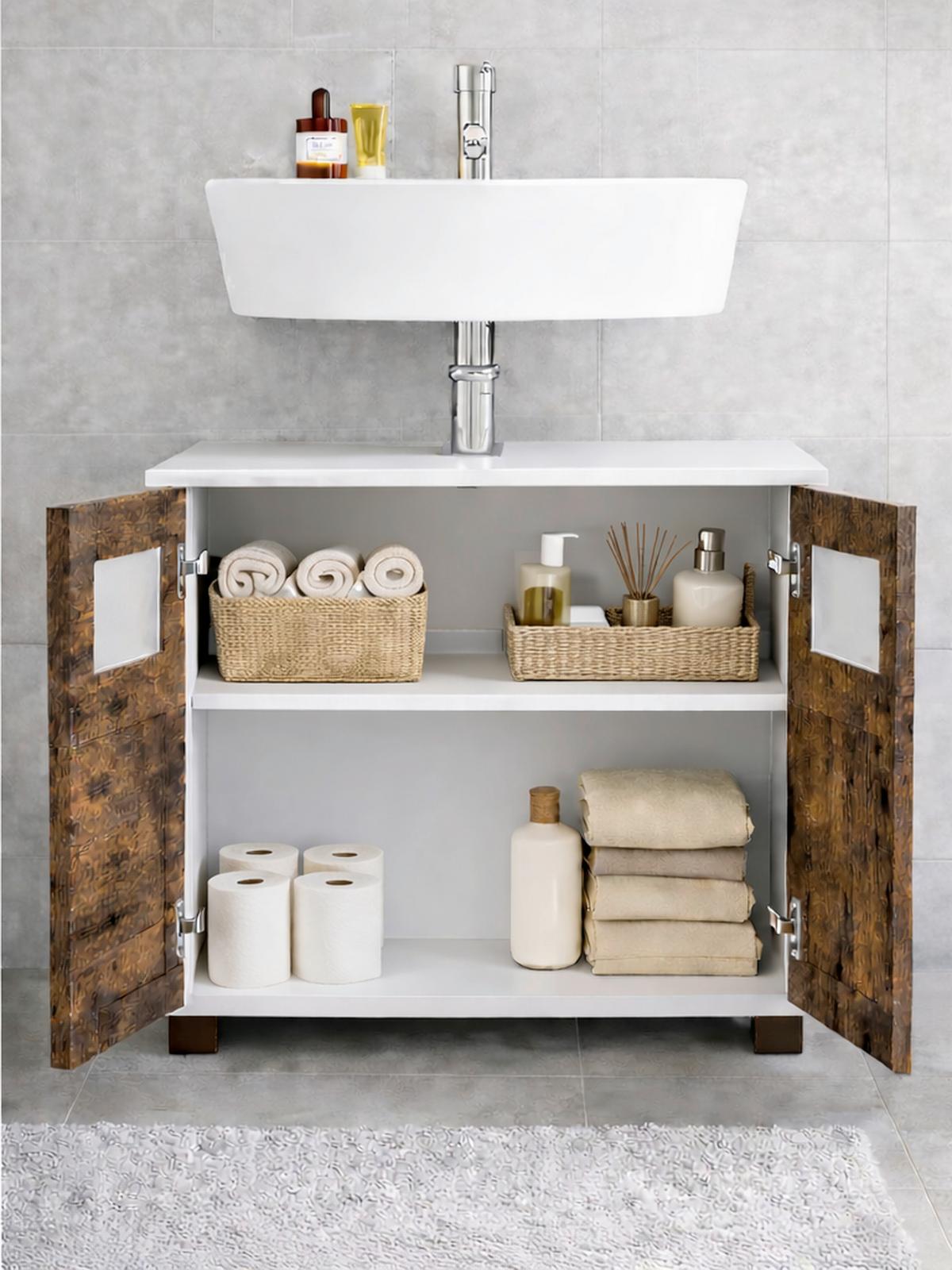 Waschbeckenunterschrank Nilari Weiß/Eichefarben B: 60cm - Eichefarben/Weiß, Trend, Glas/Holzwerkstoff (60/60/29cm) - MID.YOU