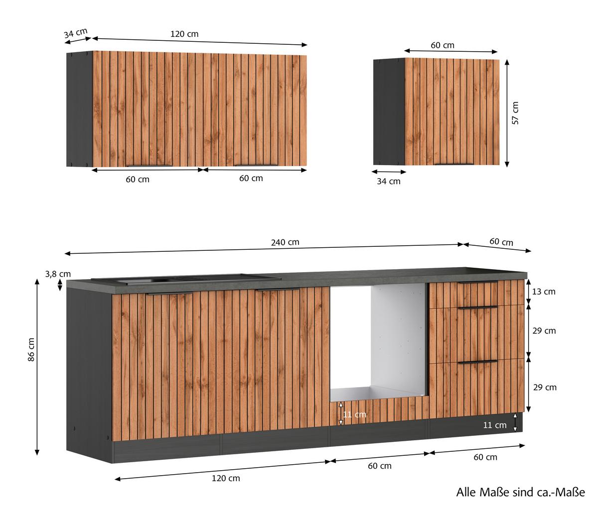 Küchenleerblock Liverpool Graphit/Eiche Dekor B: 240 cm - Schieferfarben/Eiche Wotan, Basics, Holzwerkstoff (240cm) - Held