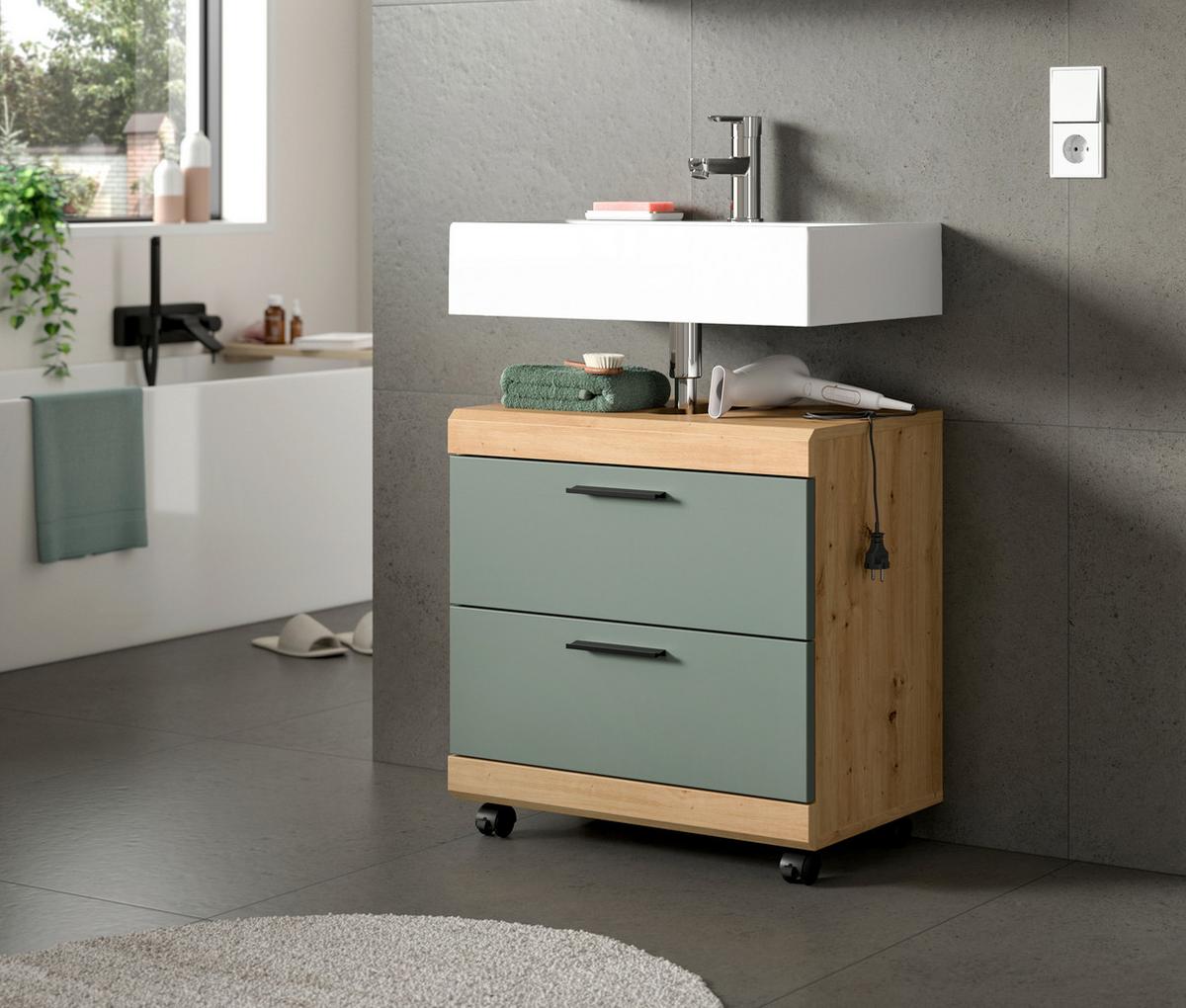 Waschbeckenunterschrank Scout Salbeigrün/Eiche Dekor B: 60cm - Salbeigrün/Schwarz, Trend, Holzwerkstoff (60/60/34cm) - MID.YOU