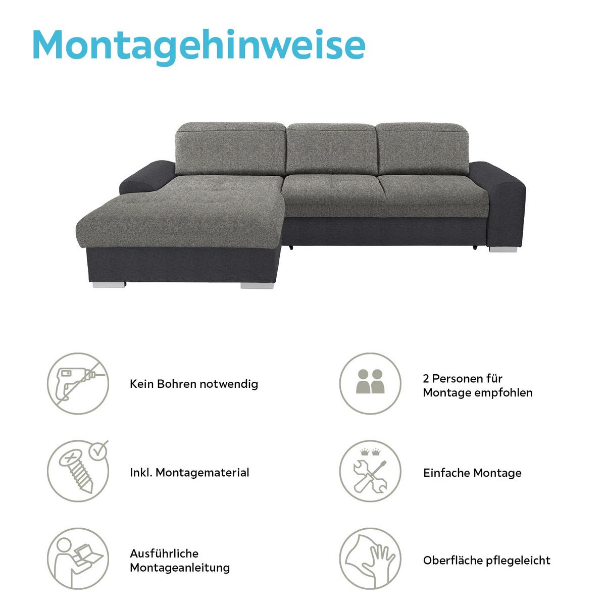 Ecksofa mit Schlaffunktion + Bettkasten Malaga, Webstoff - Dunkelgrau/Silberfarben, KONVENTIONELL, Textil (203/286cm) - Ondega