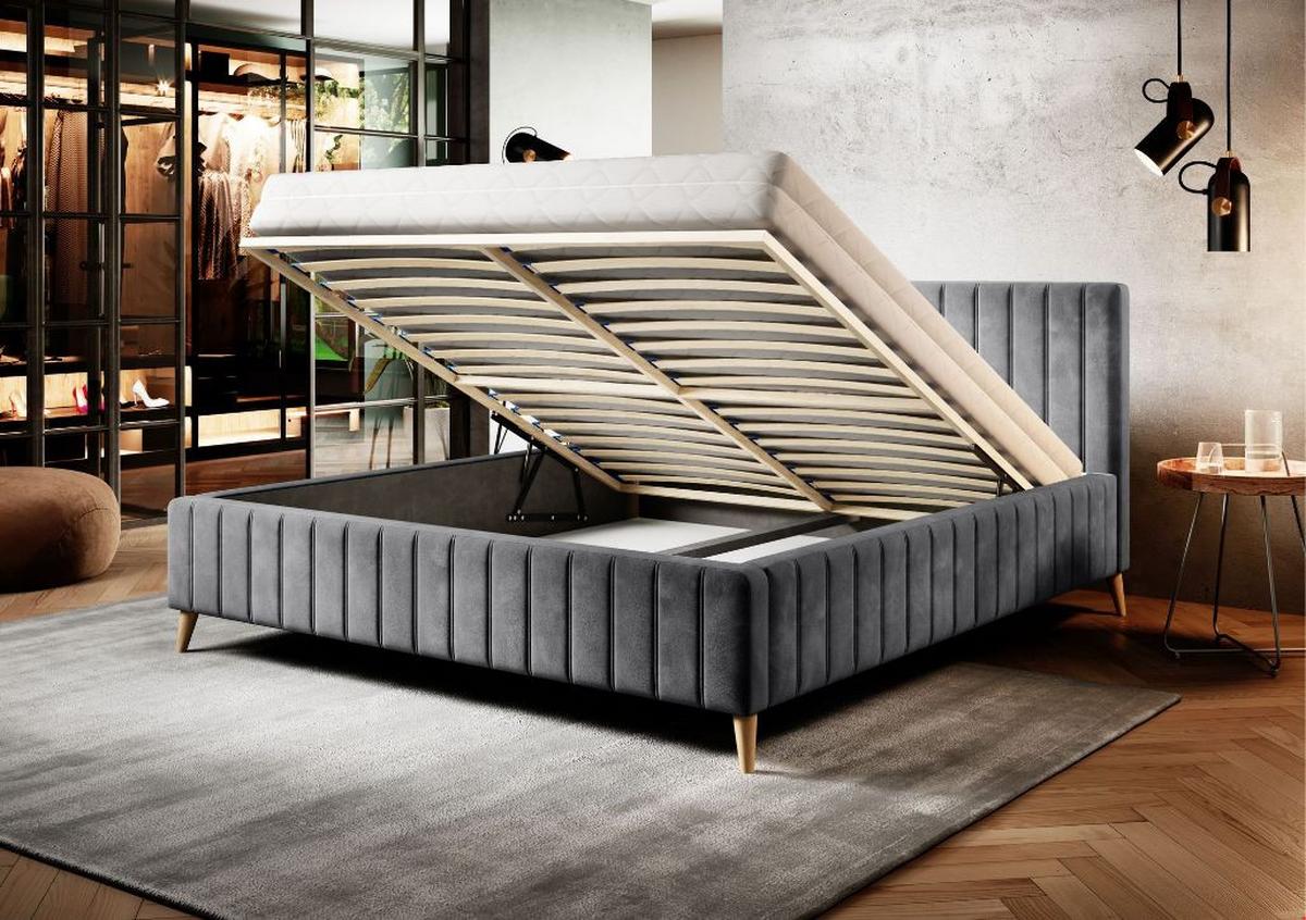 Postel Tamina s roštem a úložným prostorem 160x200cm - šedá/přírodní barvy, Design, dřevo/textil (160/200cm)