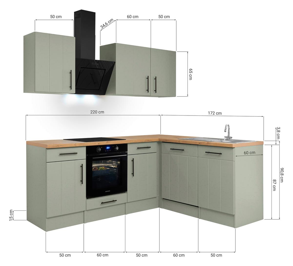 Eckküche Anton Wildeiche/Schilfgrün B: 220cm - Schilfgrün/Wildeiche, Trend, Holzwerkstoff (220/172cm) - Respekta