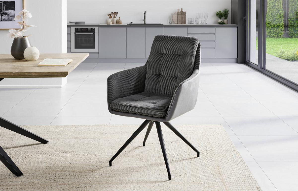 Armlehnstuhl Nizza Grau Gepolstert - Schwarz/Grau, LIFESTYLE, Textil/Metall (60/94/64cm) - MID.YOU