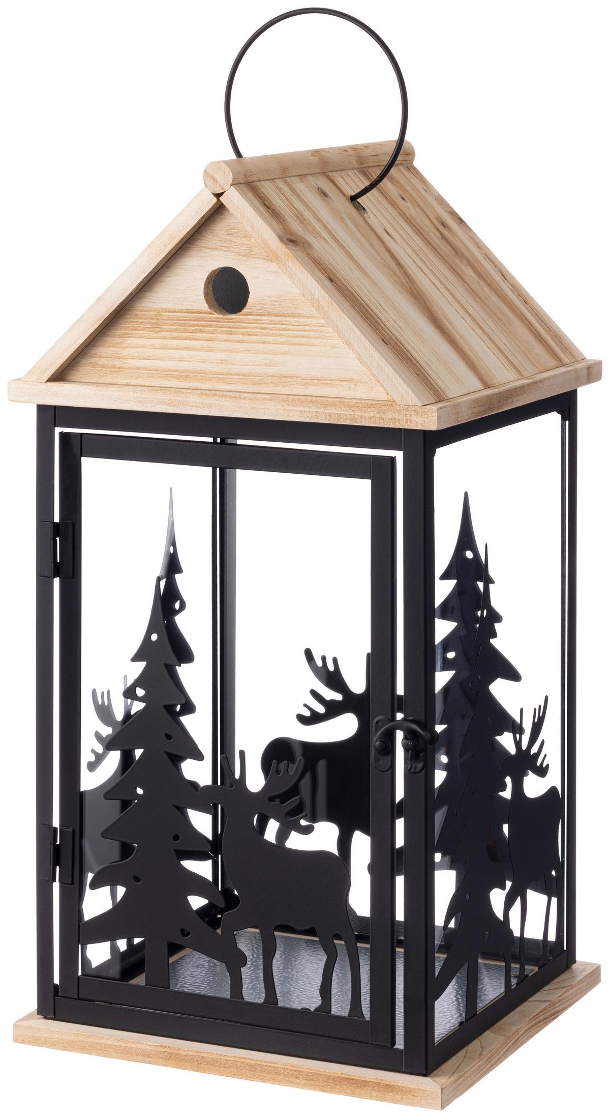LATERNE Verena H: 25 cm - Schwarz/Braun, KONVENTIONELL, Glas/Holz (16/16/25cm) - Luca Bessoni