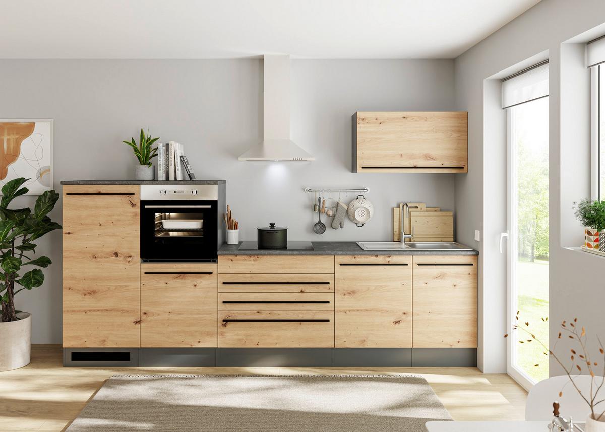 Küchenzeile Jazz4 mit Geräten B: 320cm Anthrazit/Eiche Dekor - Anthrazit/Eiche Artisan, Basics, Holzwerkstoff (320cm) - P & B