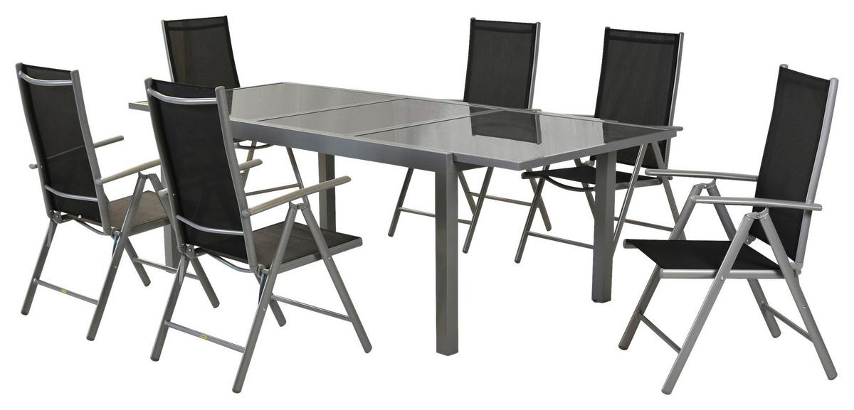 Gartengarnitur 7-Tlg Amalfi aus Aluminium - Silberfarben/Schwarz, MODERN, Textil/Metall - Gardenson