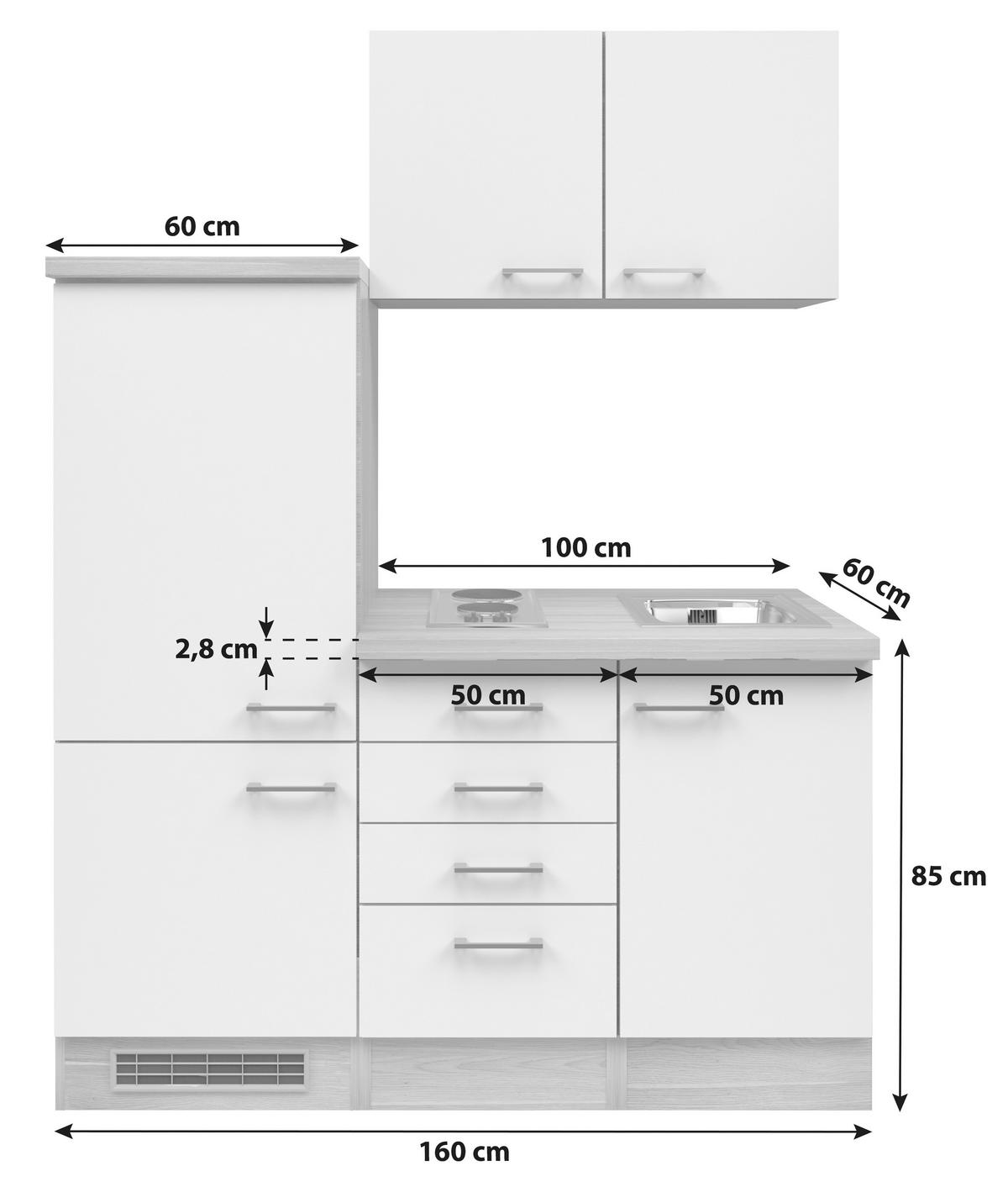Miniküche mit Kühlschrank + Kochfeld 160cm Weiß/Grau Dekor - Hellgrau/Weiß, MODERN, Holzwerkstoff (160cm) - FlexWell