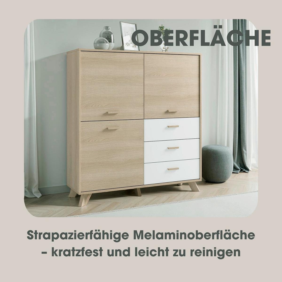Highboard Bastian Eiche Bianco/Weiß B: 120 cm - Eiche Bianco/Eichefarben, Design, Holz/Holzwerkstoff (120/131/36,5cm) - MID.YOU